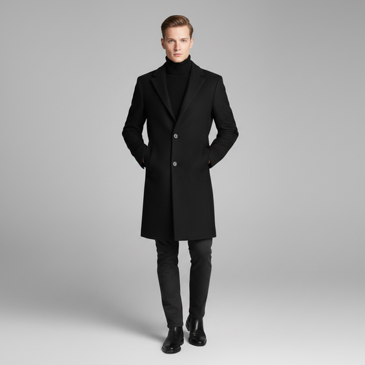 Men's Long Overcoat | Stylish Notched Lapel Winter Coat