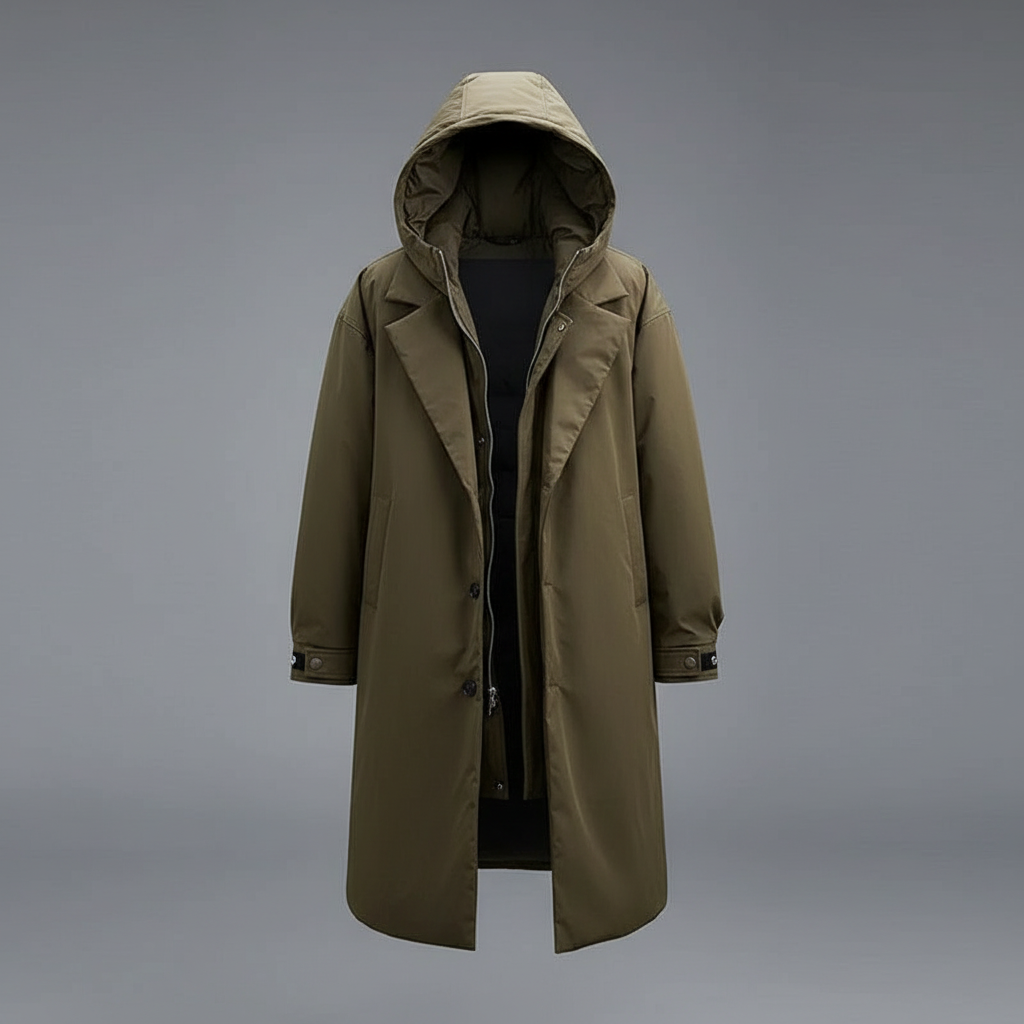 Men's Waterproof Puffer Trench Coat | Long Hooded Jacket