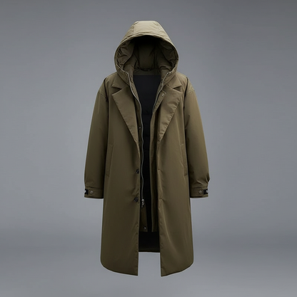 Men's Waterproof Puffer Trench Coat | Long Hooded Jacket