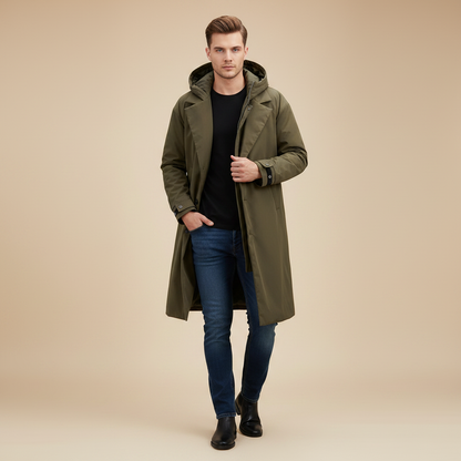 Men's Waterproof Puffer Trench Coat | Long Hooded Jacket
