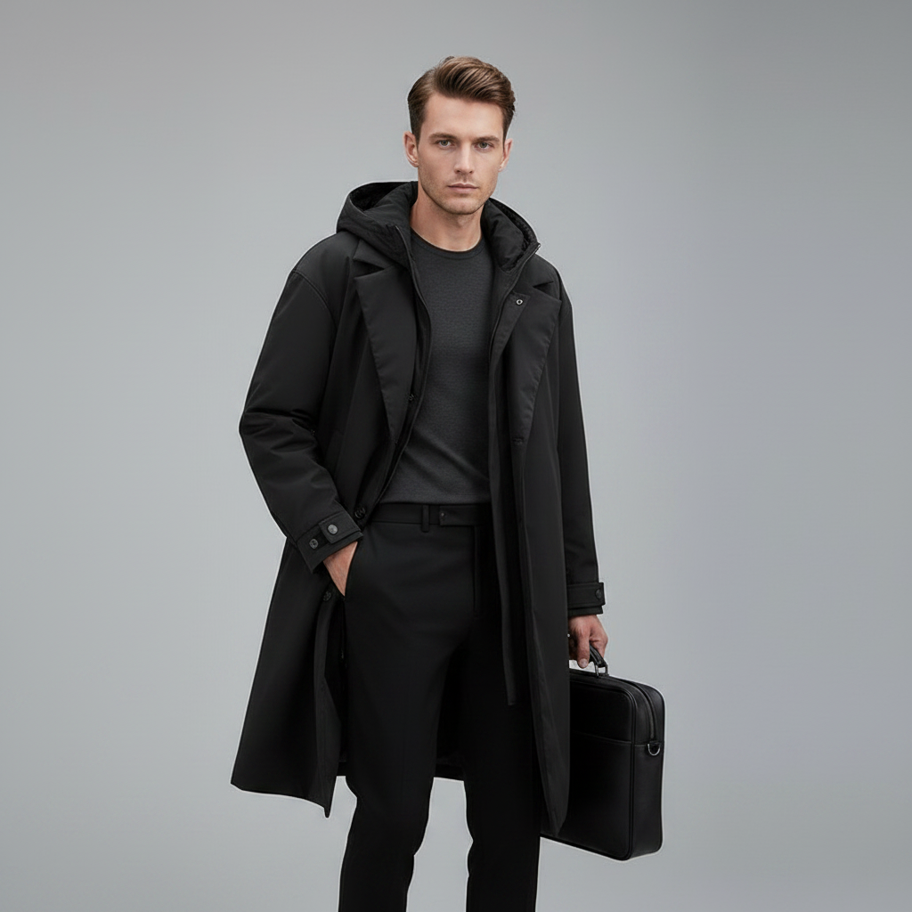 Men's Waterproof Puffer Trench Coat | Long Hooded Jacket