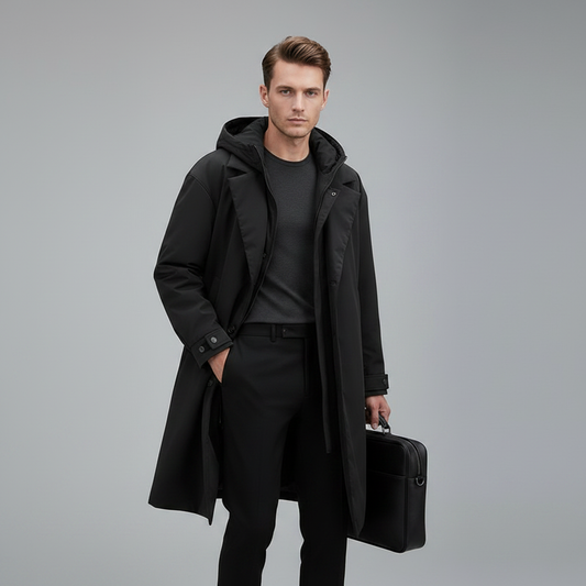 Men's Waterproof Puffer Trench Coat | Long Hooded Jacket